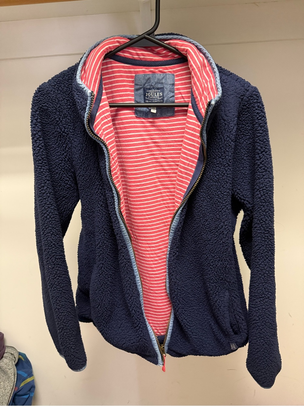 Joules Navy Sherpa Jacket with Pink-Striped Lining